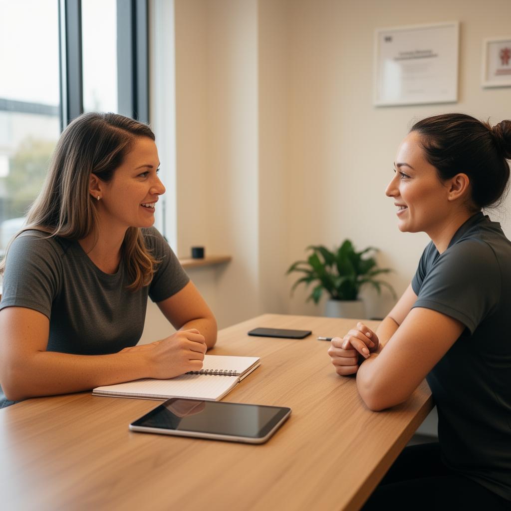 Accredited Exercise Physiologist guiding a client through a knee rehabilitation exercise as part of the GLA:D hip and knee osteoarthritis program.